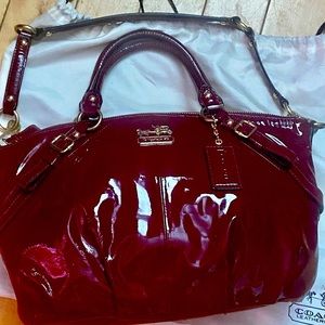 Coach Madison Sophia patent leather handbag Red with gold details.